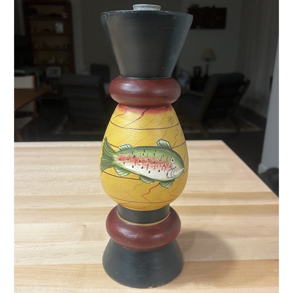 Plaid Other - Whimsical Hand-Painted Pillar Candle Holder, Fish, Philippines, Wood, Cracked